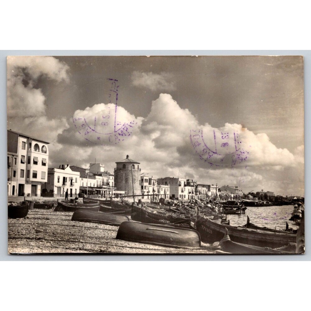 1958 Vintage Postcard Cambrils Spain Barrio Maritimo Fishing Boats Real Photo